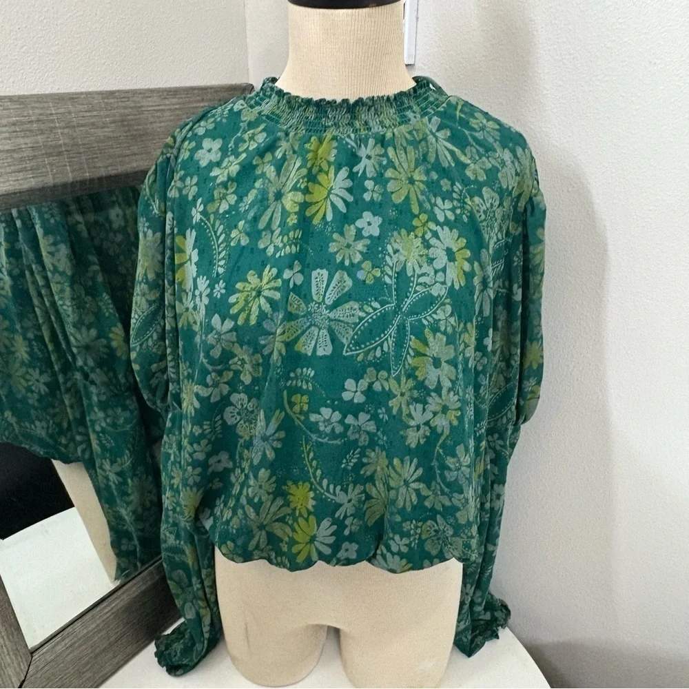 Free People Green Puff Sleeve Ruffled Blouse